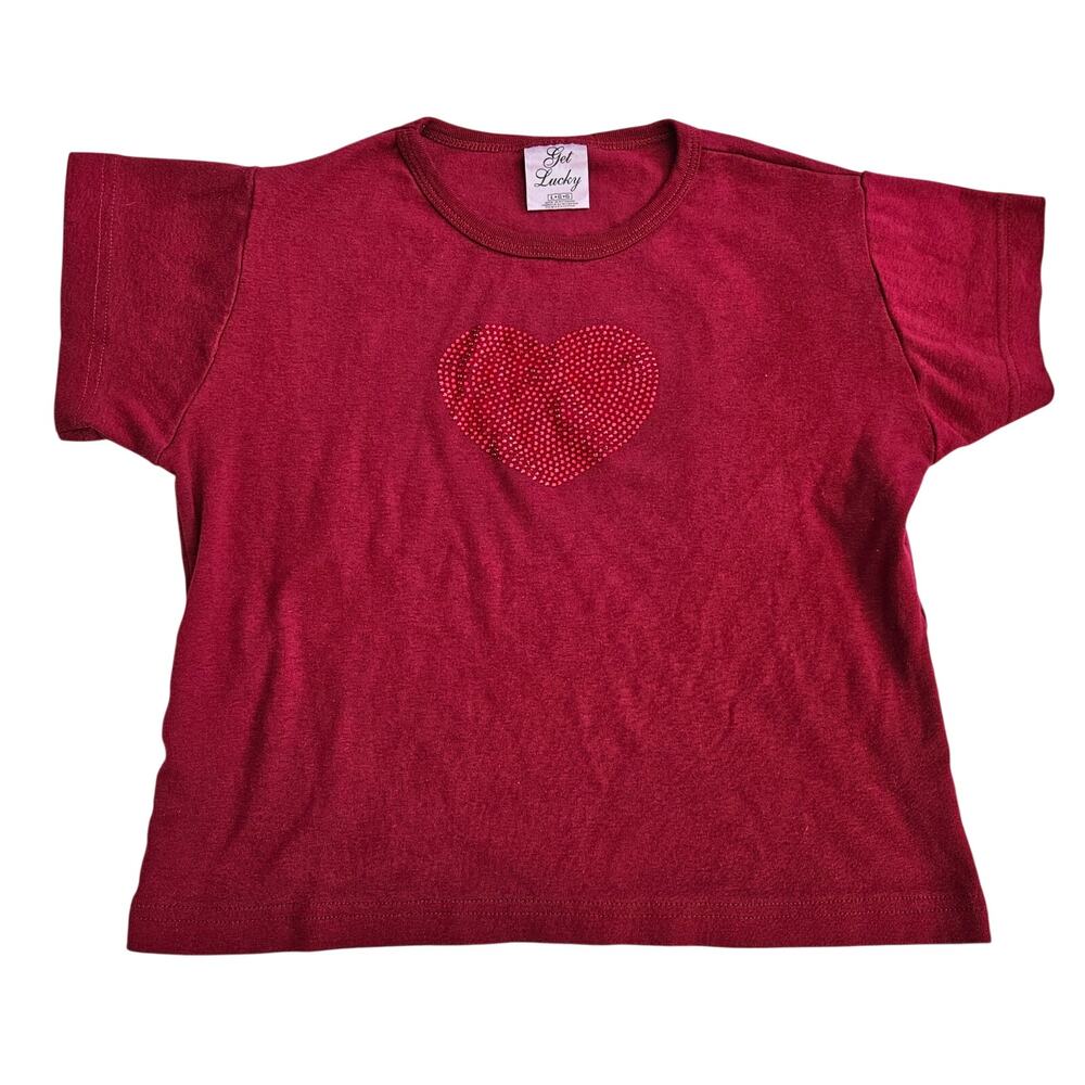 Y2k Baby Tee Rhinestone Heart Baby Tee Deadstock Get Lucky - Size Large
